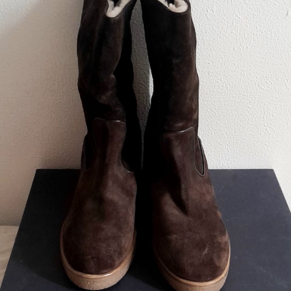 New Theory Crepe Heel Bootie Brown Cow Suede , Dyed Shearling Lamb Sz 41 Italy - Picture 3 of 8